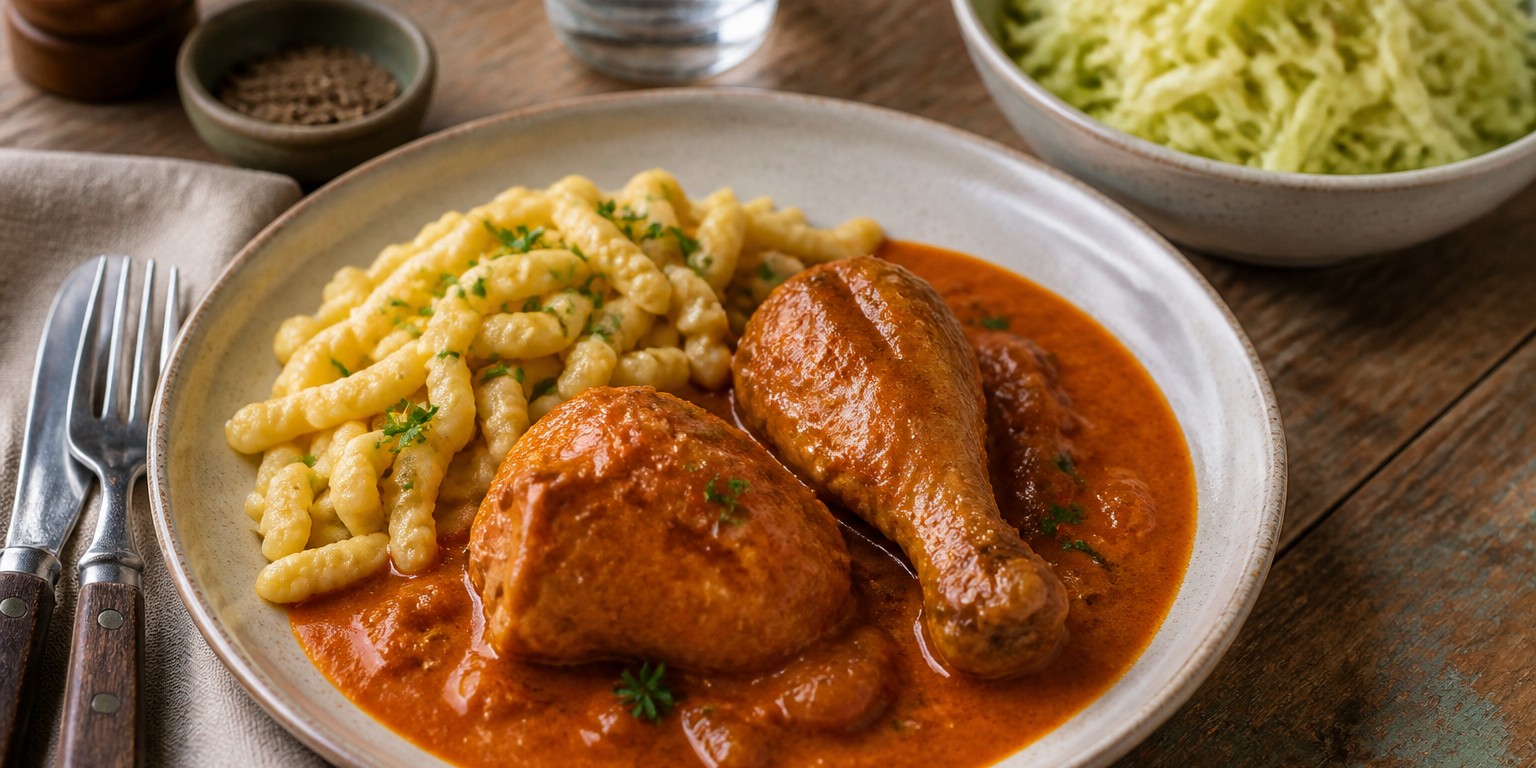 Paprikahendl mit Spätzle und Frühkrautsalat