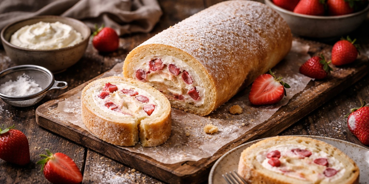 Fluffige Biskuitroulade mit Erdbeeren und Schlagobers