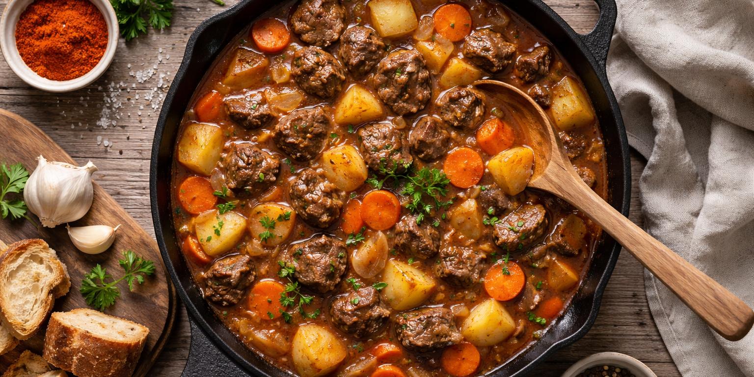 Rindergulasch mit Kartoffeln, Zwiebeln und Karotten