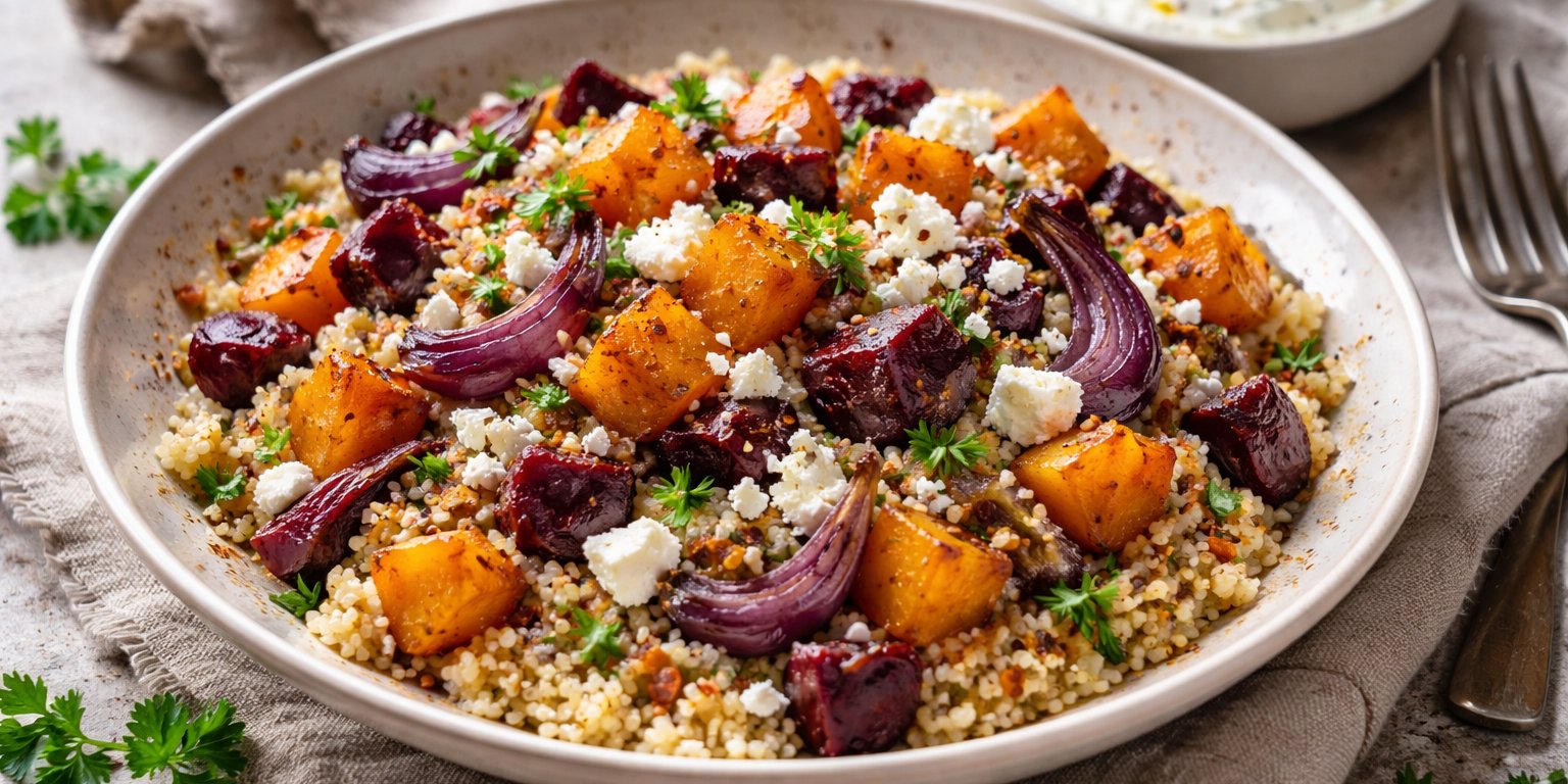 Couscous mit gebackenem Kürbis und Joghurt-Dip