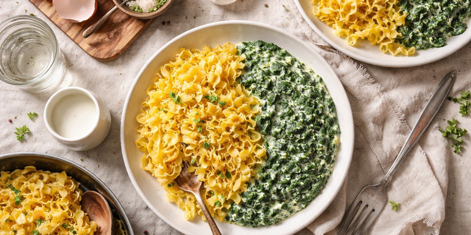Eiernudeln mit Creme-Spinat