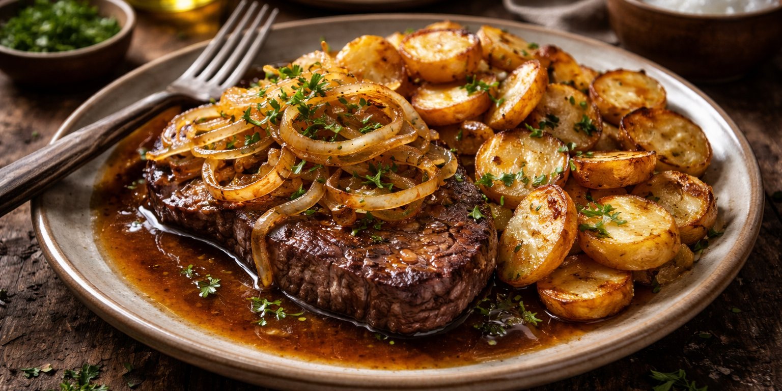 Zarter Zwiebelrostbraten mit Röstkartoffeln