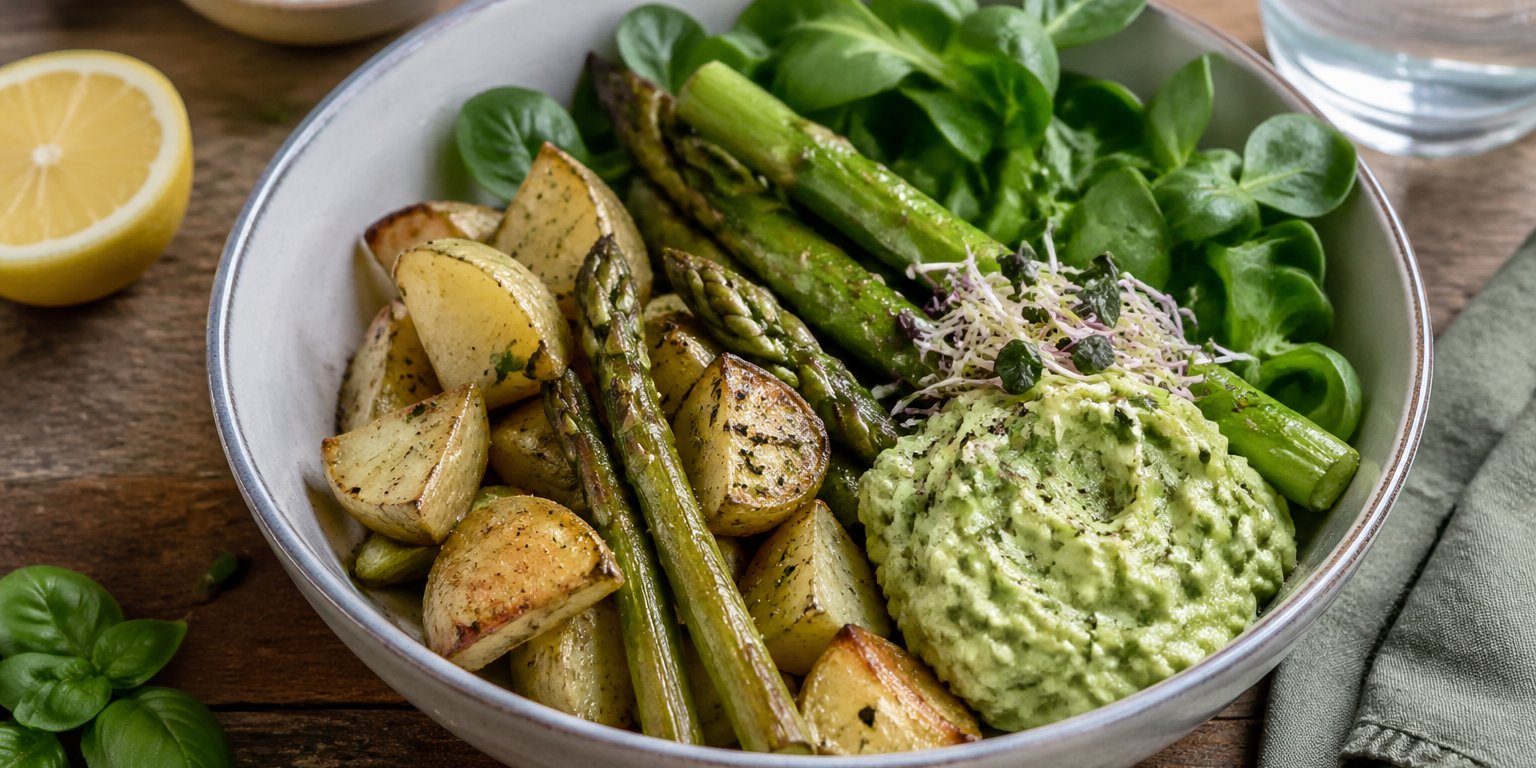Frühlings-Bowl mit grünem Spargel, Kartoffeln & Avocadocreme